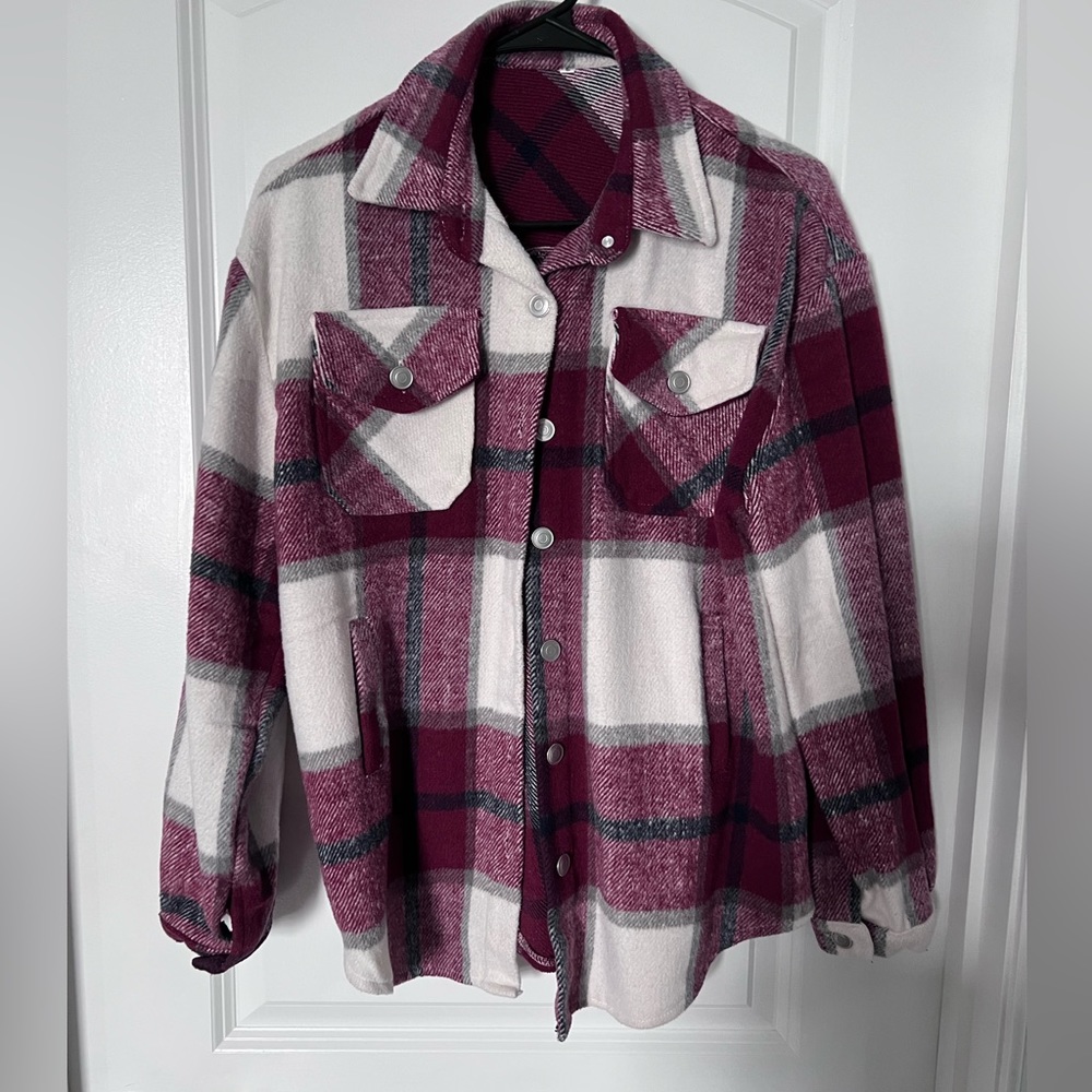 Maroon and white flannel shacket